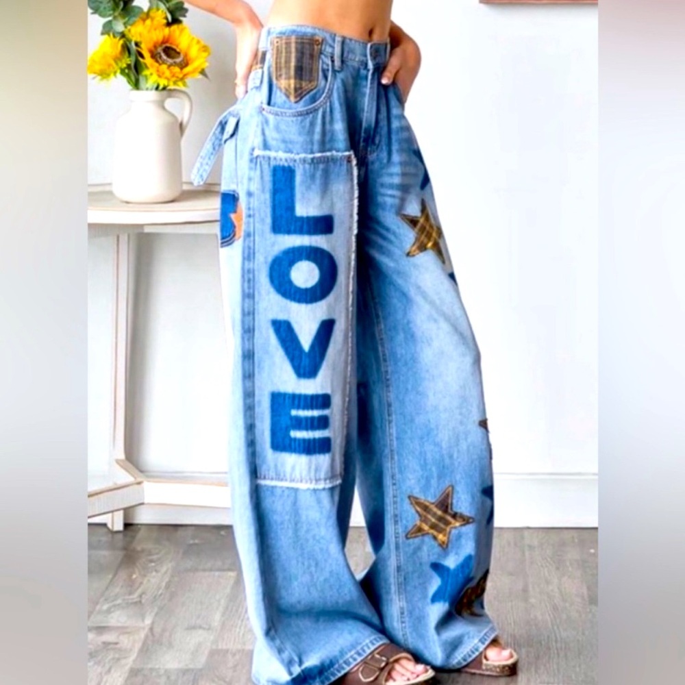 Oli & Hali Love + Stars Patchwork Baggy Jeans | Distressed Denim Pants - Picture 4 of 11